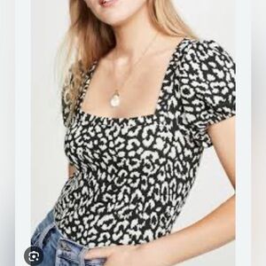 #359 Free People Square Neck Puff Sleeve Blouse Animal Leopard Print Size Medium